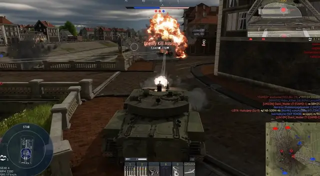 War Thunder tank battle with enemy kill assist in city streets